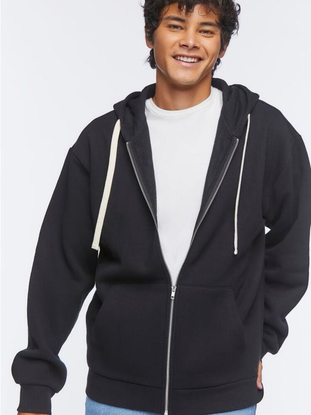 Forever 21 Men Black Full Zip Hoodie Size Small Cotton Blend Fleece Lined